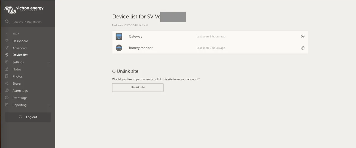 Victron VRM portal devices view showing satlog.io gateway